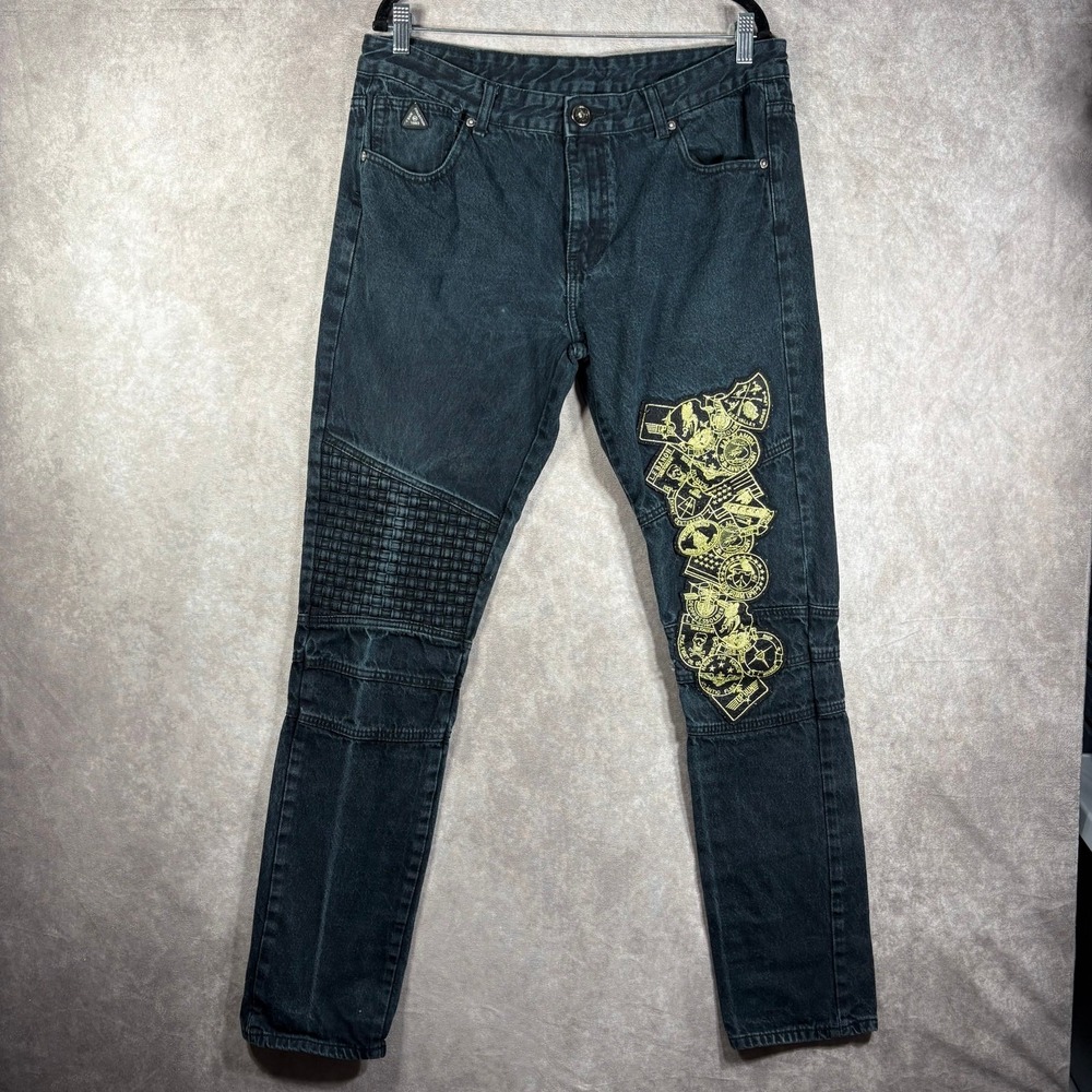 DNM Collection Jeans‎ Mens Size 36 Black Denim Embroidered Tapered Pockets Moto